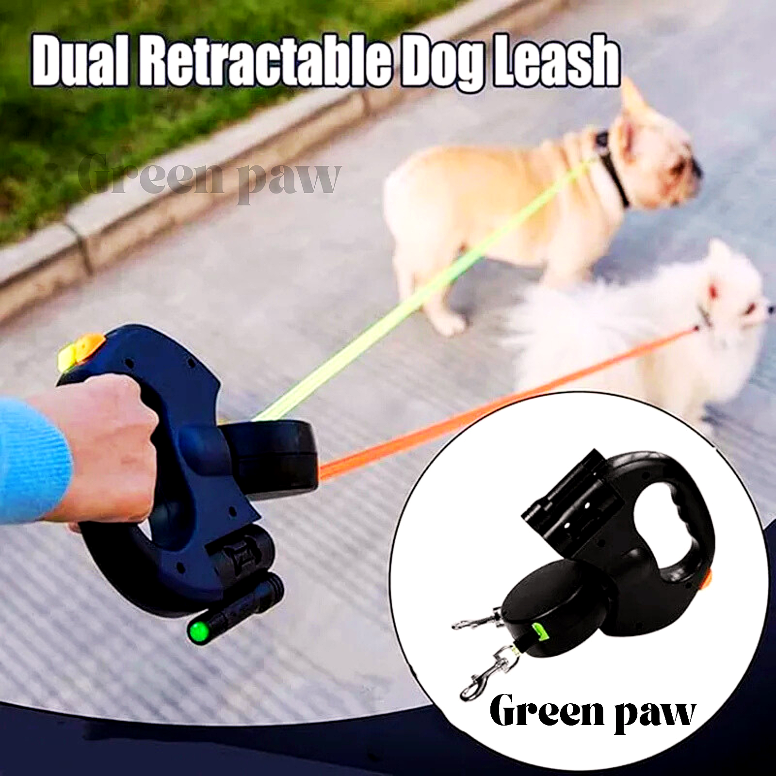 Green Paw Dual Retractable Dog Leash